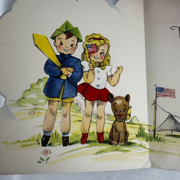 1947 Vtg Birthday Card For Someone Who Is 3 Patriotic Kids - Puppy Dog Signed - Picture 3 of 5